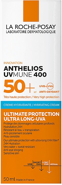 Солнцезащитный увлажняющий крем для лица и кожи вокруг глаз, очень высокий уровень защиты от UVB и очень длинных UVA лучей SPF50+ - La Roche-Posay Anthelios Anthelios UVMune 400 SPF50+ Hydrating Cream — фото N2