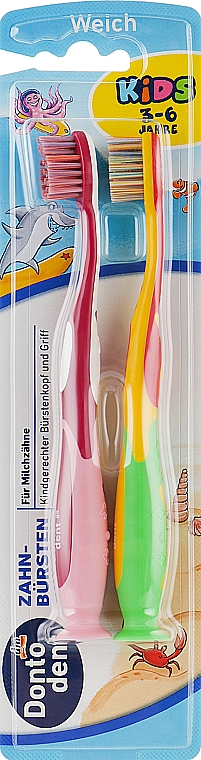 Набор детских зубных щеток, малиново-розовая+желто-салатовая - Dontodent