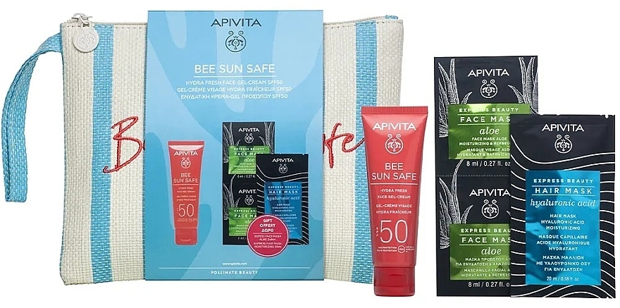 Набор - Apivita Bee Sun Safe Hydra Fresh Face Gel-Cream SPF50 (sun/cr/50ml + f/mask/2x8ml + h/mask/20ml + bag) — фото N1