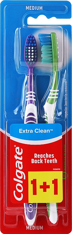 Зубная щетка средней жесткости "Extra Clean", фиолетовая + зеленая, в белую полоску - Colgate Extra Clean Medium — фото N1