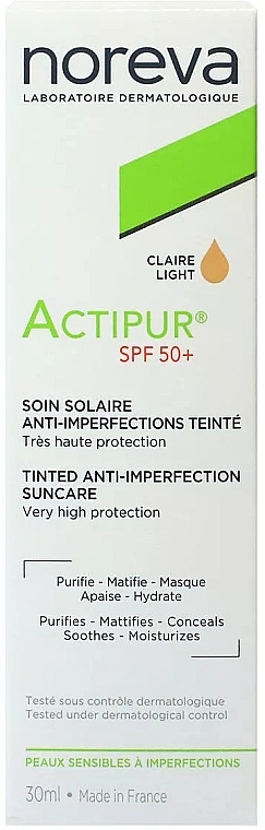 Солнцезащитный крем с легким оттеном - Actipur Teinte Anti-Imperfections Sun Care SPF50+ Claire Light — фото N1
