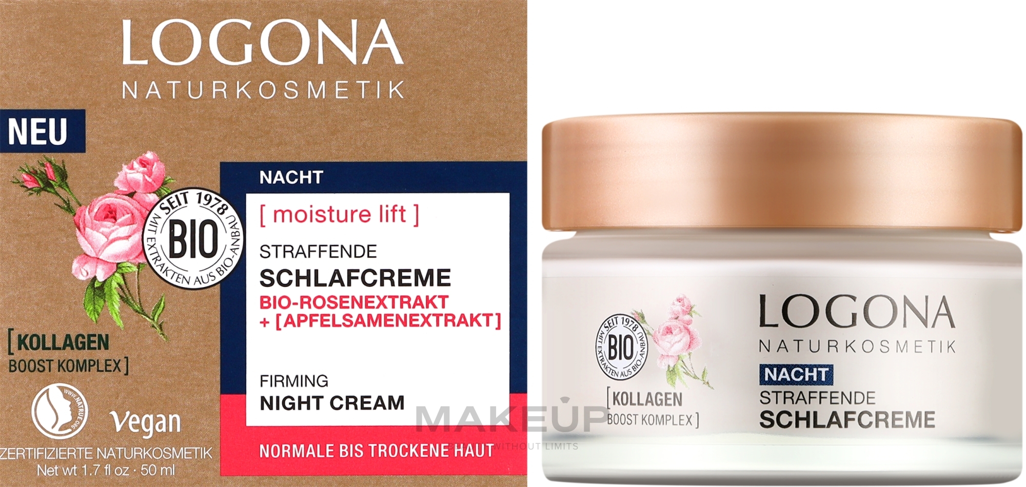 Ночной крем для нормальной и сухой кожи - Logona Bio Moisture Lift Rose Firming Night Cream — фото 50ml