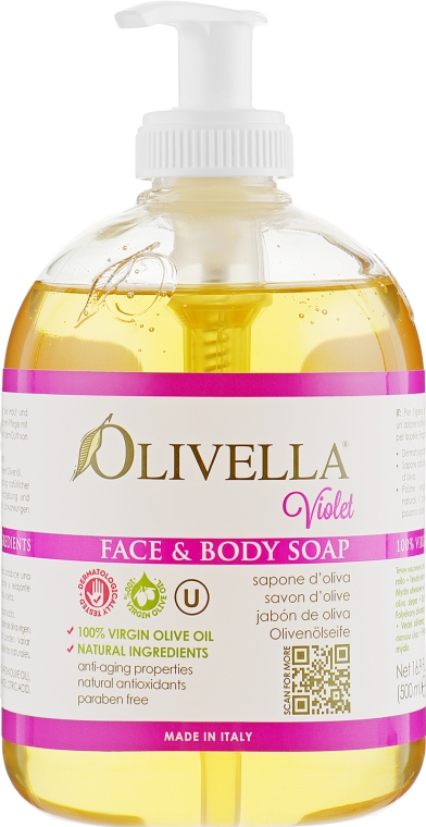 Мыло жидкое для лица и тела "Фиалка" на основе оливкового масла - Olivella Face & Body Soap Violet — фото N1
