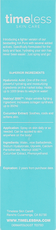 Освежающий и увлажняющий спрей для лица - Timeless Skin Care HA Matrixyl 3000 Cucumber Spray  — фото N3