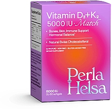 Парфумерія, косметика Вітамін Д3 + K2 5000 IU, 60 капсул - Perla Helsa Vitamin D3 + K2 5000 IU 75 mcg Match Dietary Supplement