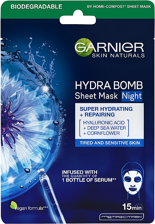 Суперзволожуюча нічна тканинна маска для шкіри обличчя з ознаками втоми - Garnier Skin Naturals Hydra Bomb