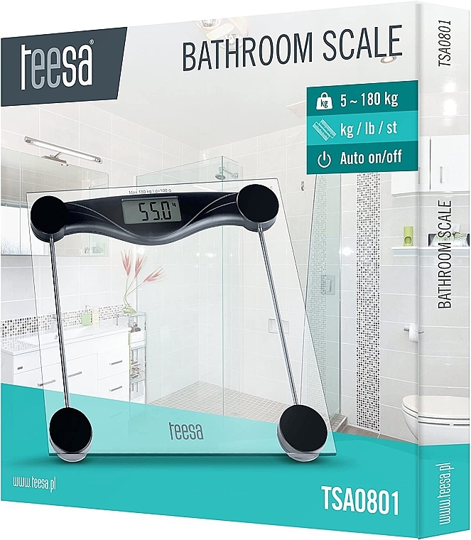 Ваги підлогові, скляні, прозорі - Teesa Bathroom Scale TSA0801 — фото N2