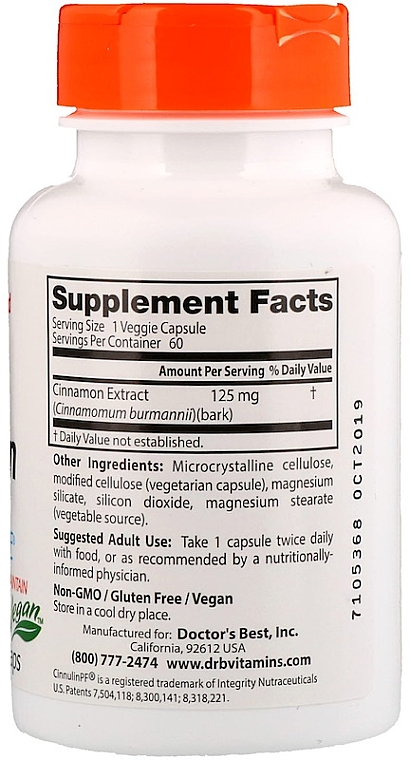 Харчова добавка "Екстракт кориці з цинуліном", 125 мг - Doctor's Best Cinnamon Extract Cinnulin PF — фото N2