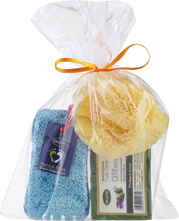 Набір, мило з ароматом лаванди, блакитна пемза - Kalliston (soap/100g + stone/1pcs + sponge/1pcs) — фото N2