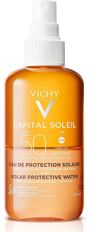 Солнцезащитный водный двухфазный спрей для лица и тела с бета-каротином, усиливающим загар, SPF50 - Vichy Capital Soleil Solar Protective Water