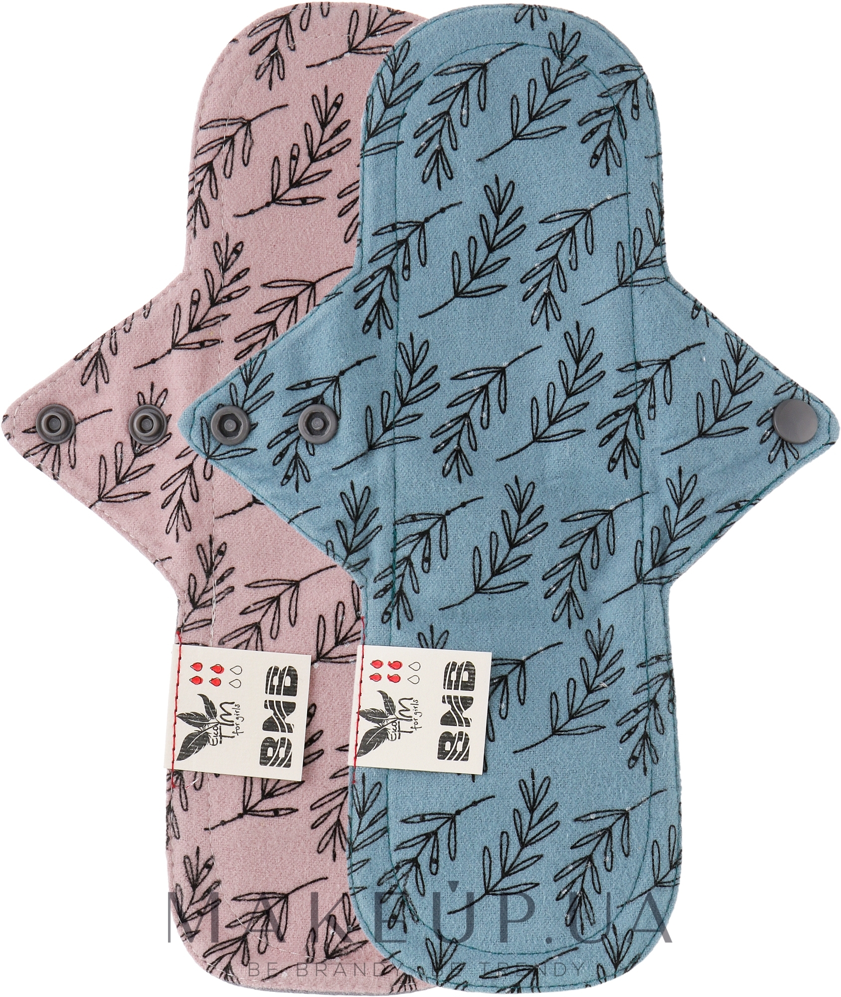 Многоразовая прокладка для менструации "Flannel", миди, 4 капли, листья акации на розовом, листья акации на серо-синем - Ecotim For Girls — фото 2шт