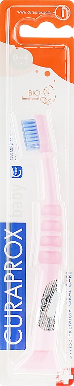 Зубная щетка детская CS Baby с прорезиненной ручкой (0-4), розовая, голубая щетина - Curaprox — фото N2