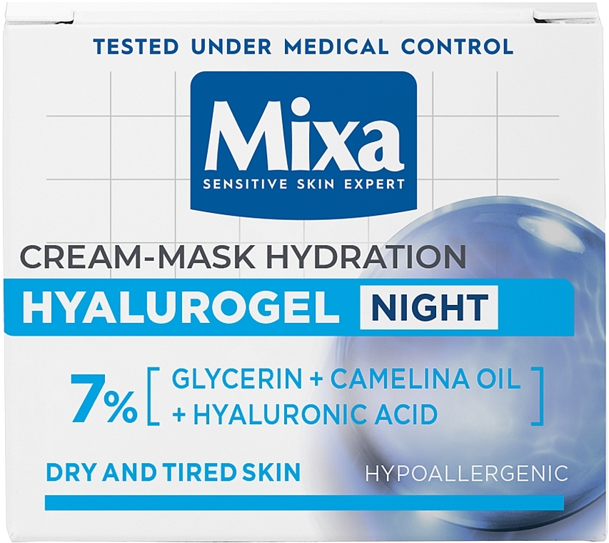 Ночной крем-маска для восстановления чувствительной кожи лица с глицерином и гиалуроновой кислотой - Mixa Hyalurogel Hyalurogel Night Hydrating Cream-Mask