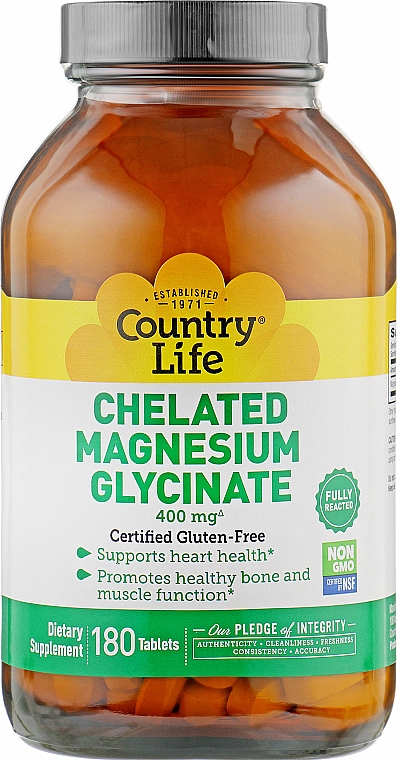 Харчова добавка "Хелатний гліцинат магнію, 400 мг" - Country Life Chelated Magnesium Glycinate — фото N2
