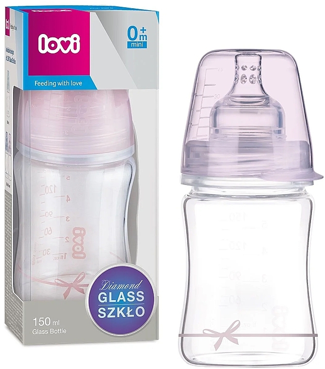 Бутылочка стеклянная "Diamond Glass Baby Shower", 150 мл, 0+ мес., розовая - Lovi — фото N1