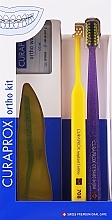 Набір, варіант 44 (жовтий, фіолетовий) - Curaprox Ortho Kit (brush/1pcs + brushes 07,14,18/3pcs + UHS/1pcs + orthod/wax/1pcs + box) — фото N1