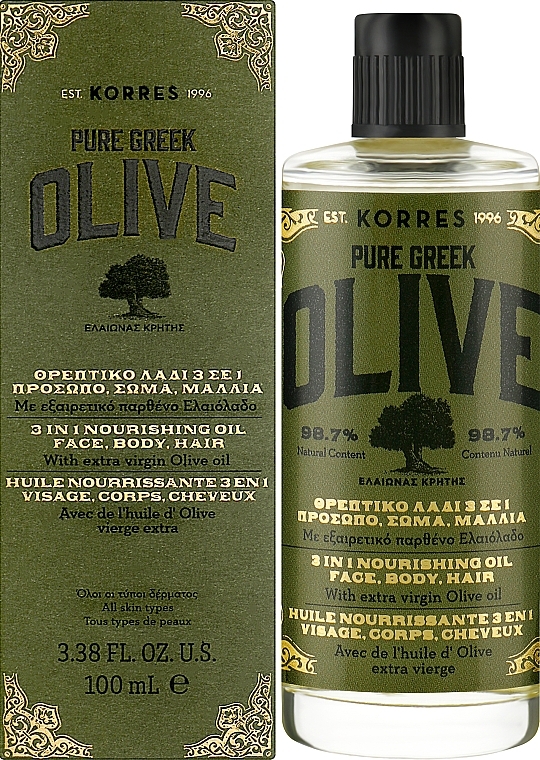 Живильна олія для тіла, волосся, обличчя  - Korres Pure Greek Olive 3 In 1 Nourishing Oil — фото N2
