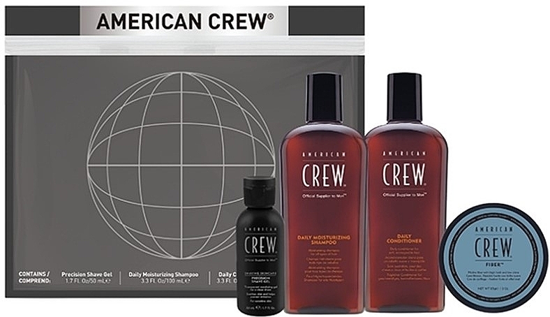 Набір - American Crew Grooming Travel Kit (shm/100ml + cond/100ml + shave/gel/50ml + fiber/50g) — фото N2