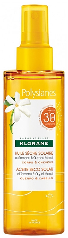 Сонцезахисна суха олія SPF30 - Klorane Polysianes Solaire Dry Oil Tamanu and Monoi — фото N1