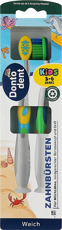 Дитячі зубні щітки, 2 шт., жовто-блакитна + синьо-зелена - Dontodent Kids — фото N1