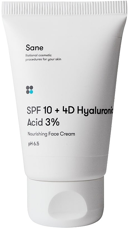 Живильний крем для обличчя із фактором захисту SPF 10 та гіалуроновою кислотою - Sane SPF10 + 4D Hyaluronic Acid 3% Nourishing Face Cream pH 6.5 — фото N1