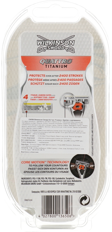 Станок + 1 сменный картридж - Wilkinson Sword Quattro Titanium Core Motion — фото N2