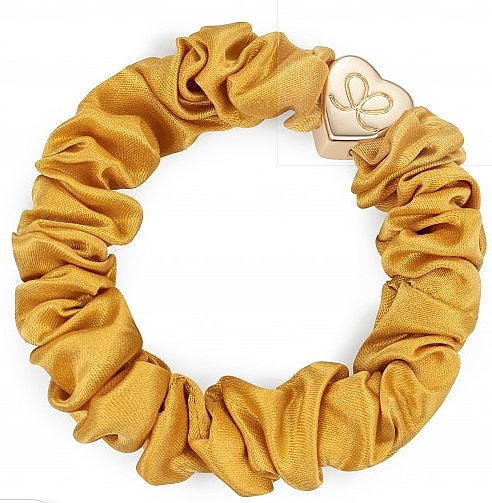 Шелковая резинка для волос, золотое сердце, горчичная - By Eloise London Gold Heart Silk Scrunchie Mustard — фото N2