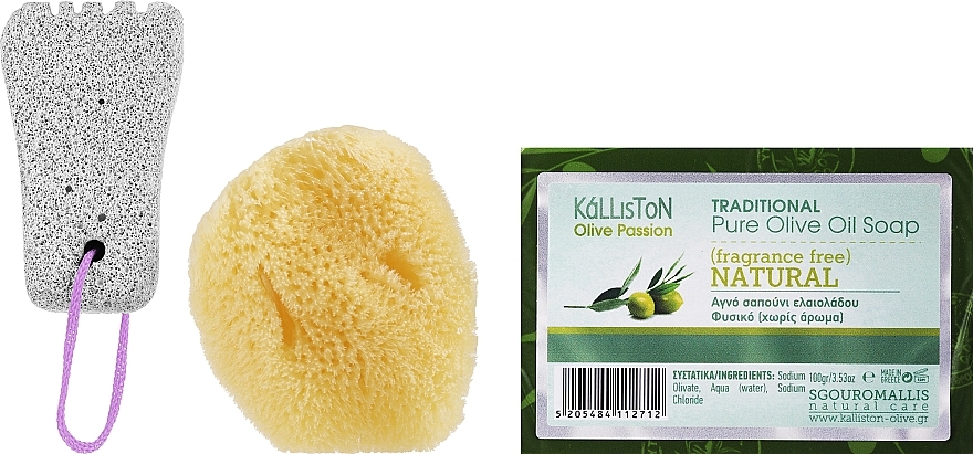 Набір, мило без запаху, біла пемза - Kalliston (soap/100g + stone/1pcs + sponge/1pcs) — фото N1