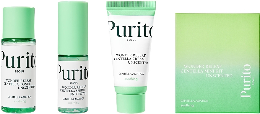 УЦЕНКА Набор миниатюр с центеллой - Purito Seoul Wonder Releaf Centella Mini Kit Unscented (toner/30ml + serum/15ml + cream/15ml) * — фото N1