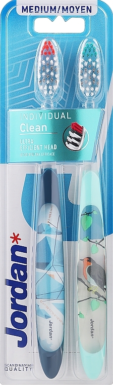 Зубні щітки, середні, зелена з абстрактним малюнком та блакитна із пташкою - Jordan Individual Clean Medium — фото N1