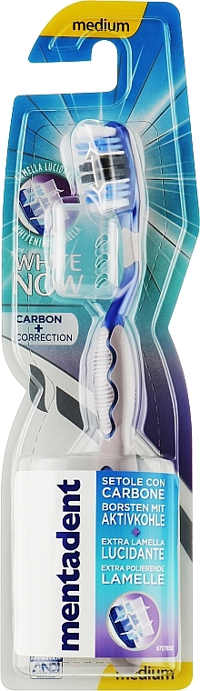 Зубная щетка средней жесткости, серая - Mentadent White Now Carbon + Correction — фото N1