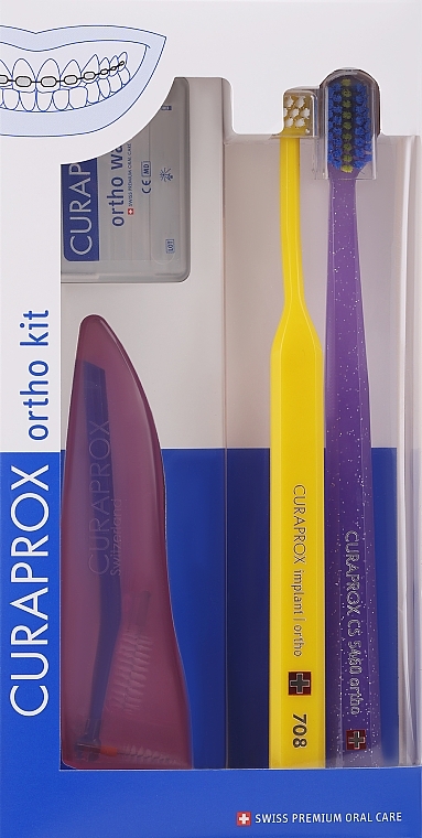 Набір, варіант 45 (жовтий, фіолетовий, рожевий) - Curaprox Ortho Kit (brush/1pcs + brushes 07,14,18/3pcs + UHS/1pcs + orthod/wax/1pcs + box) — фото N1