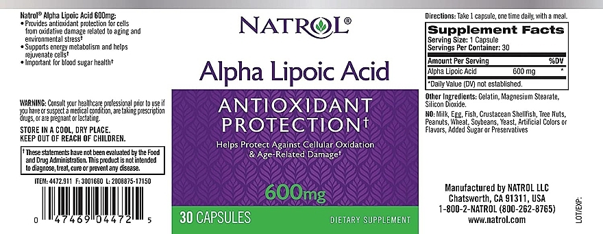 Альфа-липоевая кислота, 600 мг - Natrol Alpha Lipoic Acid — фото N3