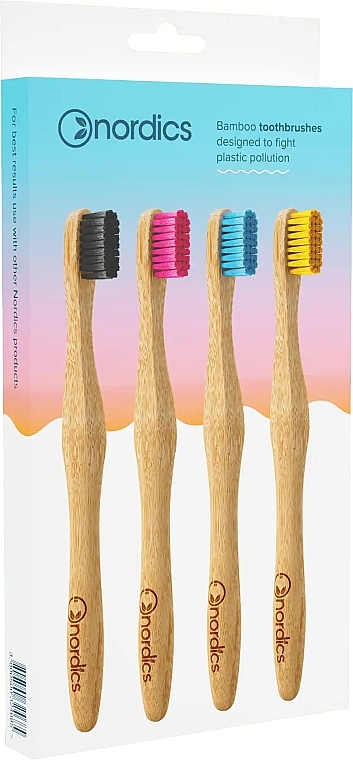 Зубні щітки бамбукові, 4 шт., з чорною, рожевою, блакитною та жовтою щетиною - Nordics Aadult Bamboo Toothbrushes — фото N1