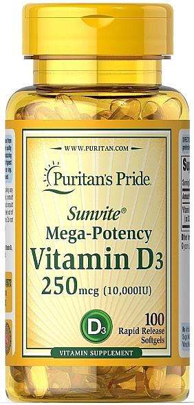 Харчова добавка "Вітамін D3" - Puritan's Pride Vitamin D3 250mcg (10000 IU) Mega-Potency — фото N1