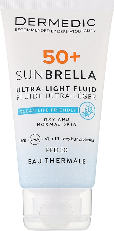 Ультралегкий захисний крем SPF 50+ для сухої та нормальної шкіри для захисту від повного спектру сонячних променів - Dermedic 50+ Sunbrella Ultra-light Fluid — фото N1