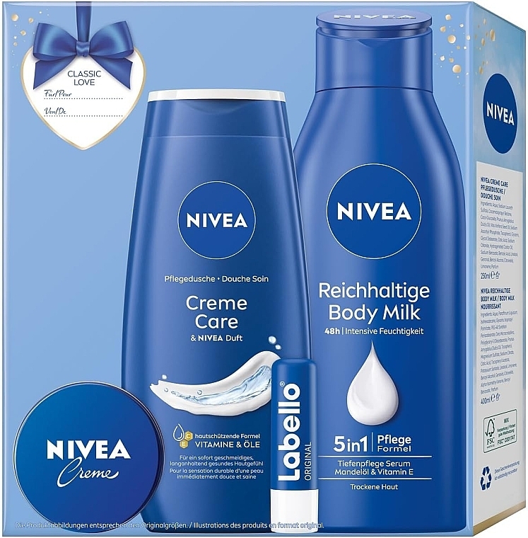 Набор - NIVEA Classic Love Gift Set (sh/gel/250ml + b/milk/400ml + lip/balm/5,5ml + f/cr/30ml) — фото N4