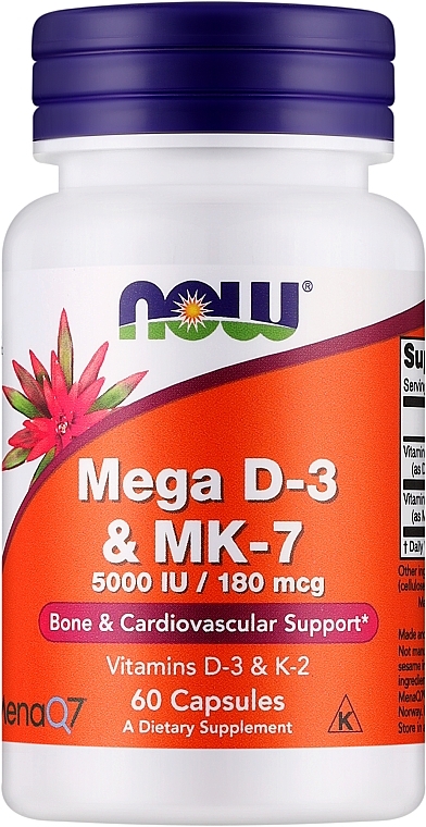 Пищевая добавка "Mega D-3 & MK-7", 60 капсул - Now Foods Mega D-3 & MK-7 — фото N1