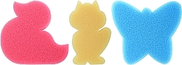 Парфумерія, косметика Набір дитячих губок для ванни, 3 шт, рожева качечка + жовта лисичка + блакитний метелик - Ewimark