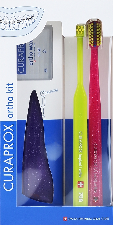 Набор, вариант 37 (синий, салатовый, розовый) - Curaprox Ortho Kit (brush/1pcs + brushes 07,14,18/3pcs + UHS/1pcs + orthod/wax/1pcs + box) — фото N1