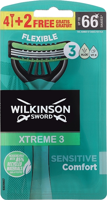 Одноразові бритви для чоловіків, 6 шт. - Wilkinson Xtreme 3 Sensitive Comfort — фото N1