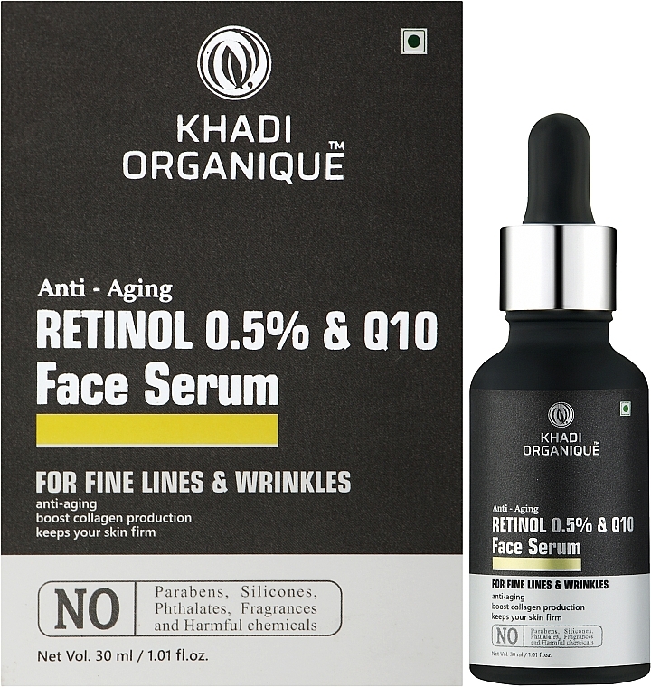 Тонізувальна сироватка для омолодження шкіри "Ретинол 0.5% + Q10" - Khadi Organique Retinol 0.5% + Q10 Anti-aging Face Serum — фото N2