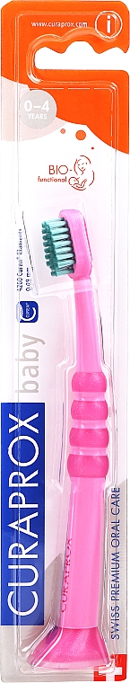 Зубная щетка детская CS Baby с прорезиненной ручкой (0-4), розовая, салатовая щетина - Curaprox