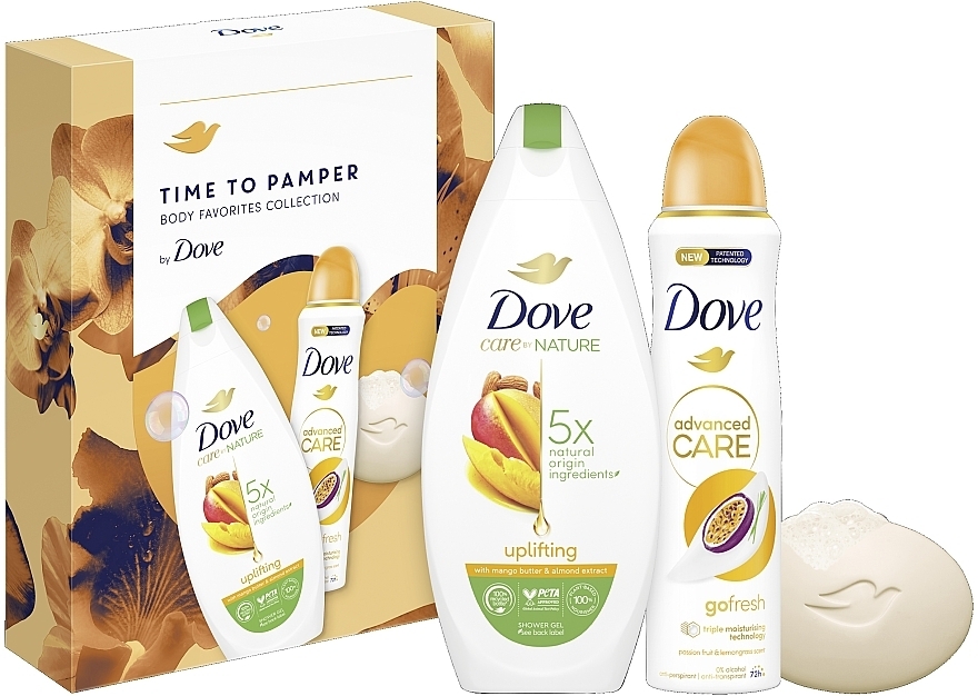 Набор - Dove Time To Pamper Body Favorites Collection (sh/gel/225ml + soap/90g + deo/150ml) — фото N1
