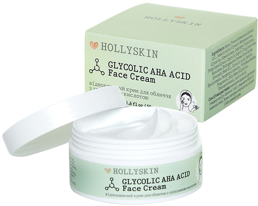Відновлювальний крем для обличчя з гліколевою кислотою - Hollyskin Glycolic AHA Acid Face Cream — фото N1