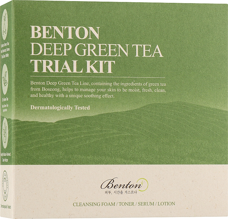 Набор миниатюр по уходу за кожей лица с зеленым чаем - Benton Deep Green Tea Deluxe Kit (f/toner/30ml + f/lotion/20ml + f/serum/5ml + f/cl/foam/20g)