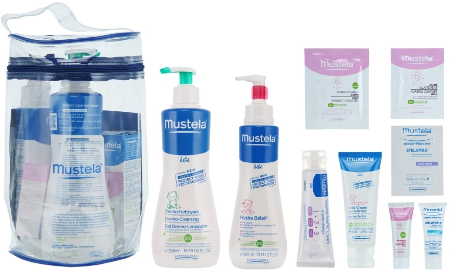 Набор для новорожденного и мамы - Mustela (cr/50ml + gel/500ml + cr/300ml + cr/40ml + cr/10ml + cr/10ml + balm/3ml + gel/10ml + gel/5ml + bag)