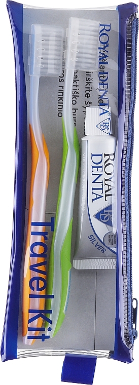 Набор, вариант 1 - Royal Denta Travel Kit Silver (toothbrush/2pcs + toothpaste/20g + cosmetic bag/1pc) — фото N1