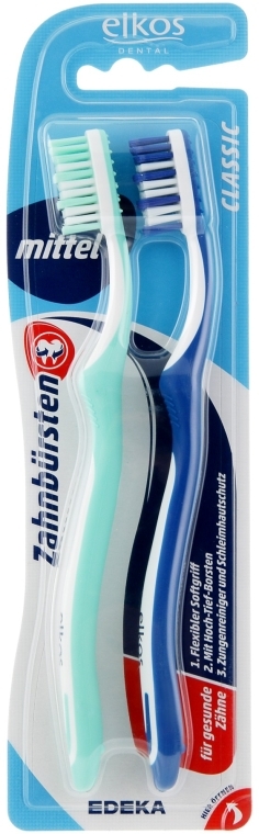 Зубная щетка средней жесткости "Classic", бирюзовая+синяя - Elkos Dental