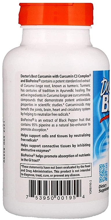 Куркумин с высокой степенью всасывания с C3 Complex и BioPerine, 1000 мг, таблетки - Doctor's Best — фото N3